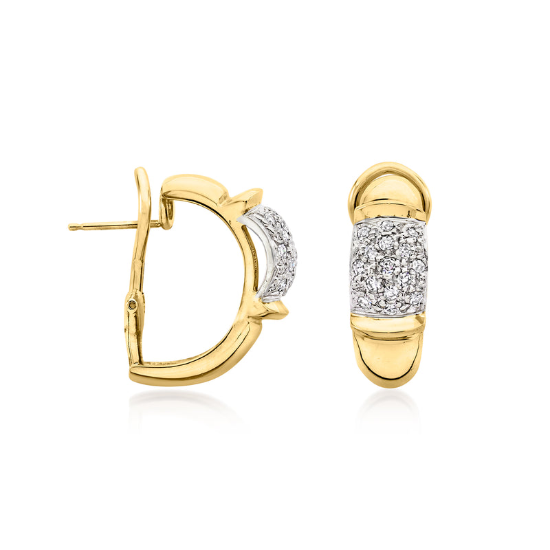 Two-tone 14kt gold curved diamond cluster earrings from side, post backing visible