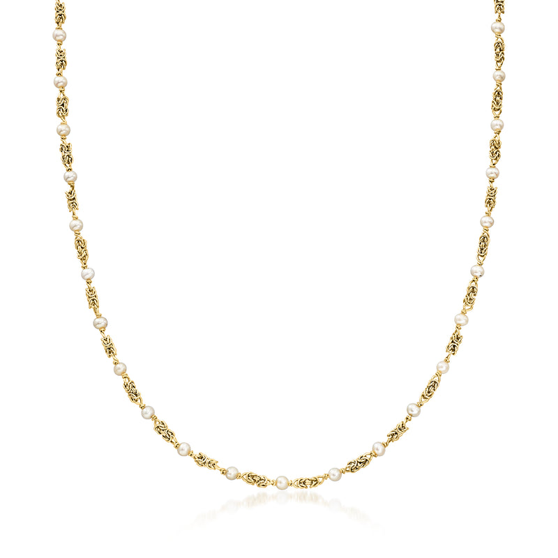 18kt yellow gold cultured pearl station necklace with Byzantine link chain