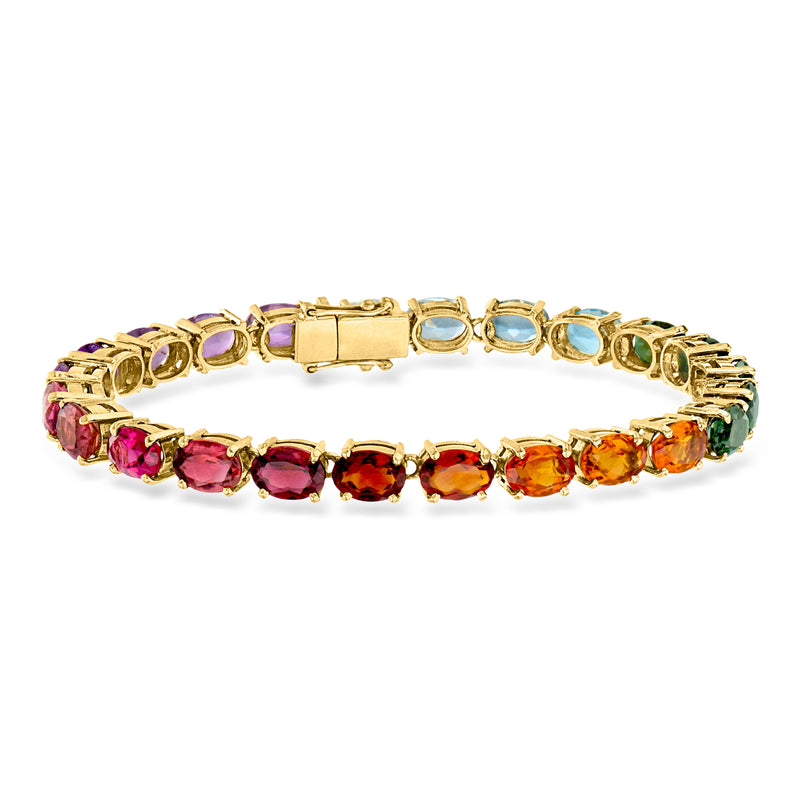 18kt yellow gold tennis bracelet with multi-color oval and round gemstones