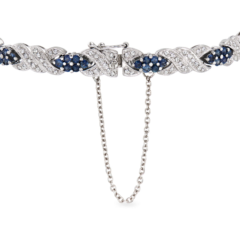Sapphire and diamond bracelet with box clasp and extended chain links in white gold