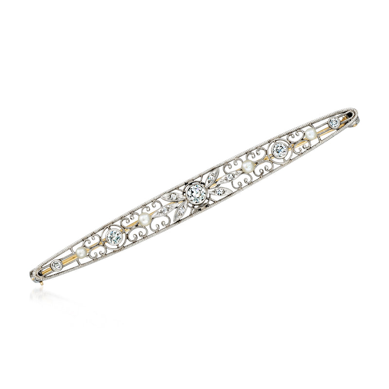 Platinum bar pin with pearl and diamond accents, oval center, filigree