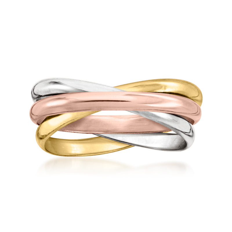 Tri-colored 18kt rolling gold ring with rose, yellow, and white bands, polished finish