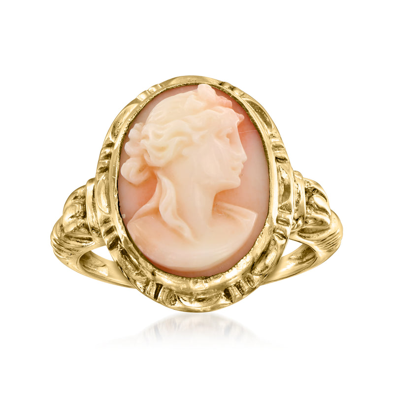 10kt yellow gold cameo ring with oval orange shell portrait