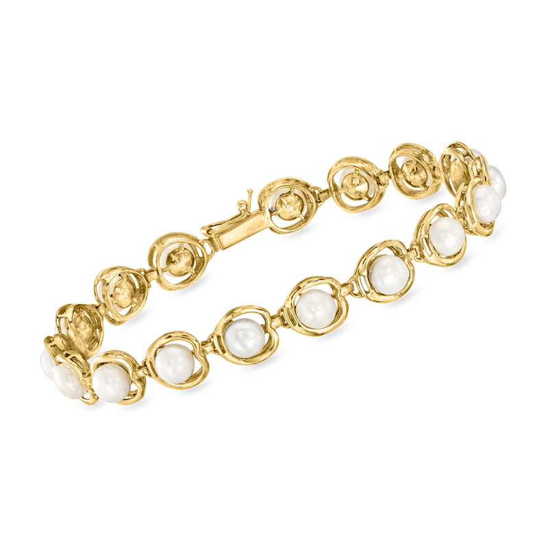 Vintage 14kt yellow gold cultured pearl link bracelet with round gold and pearl settings