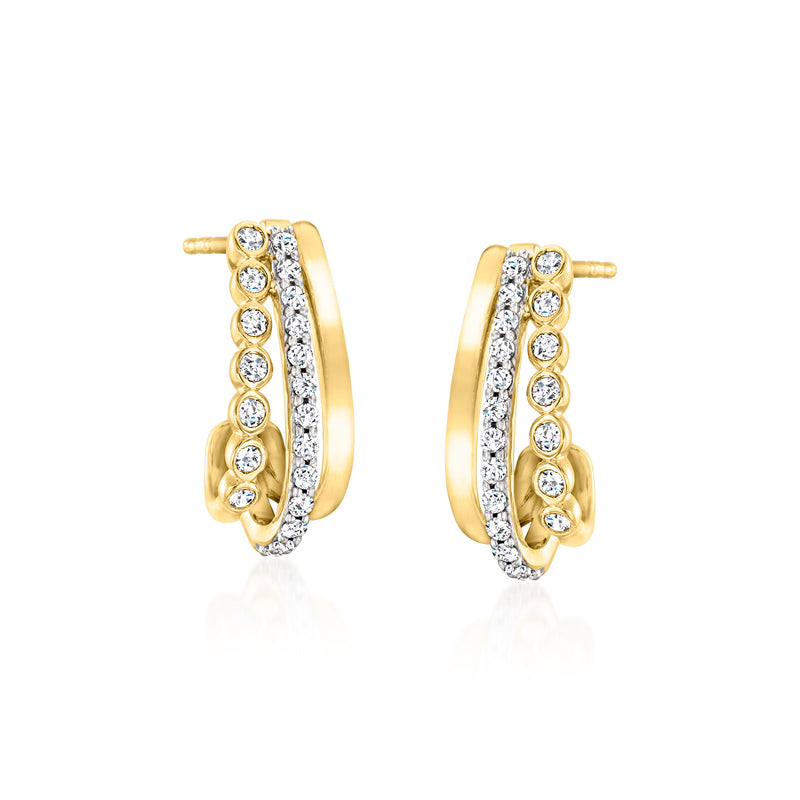 Curved three-row diamond hoop post earrings in gold over sterling, clear stones