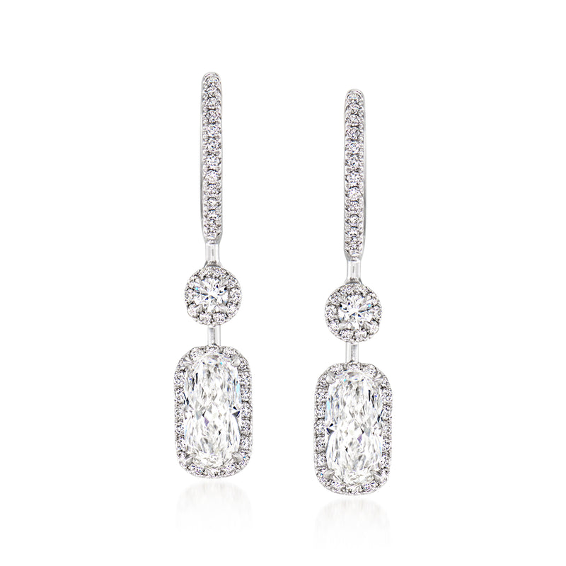 Platinum lab-grown diamond hoop drop earrings with round and rectangular dangles