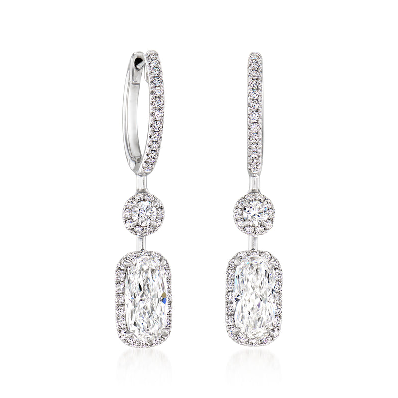 Platinum lab-grown diamond hoop drop earrings, hinged hoop with oval drop stones