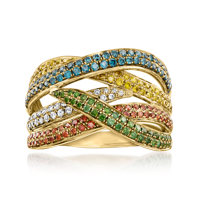 14kt yellow gold multicolor diamond crossover ring with crisscross bands