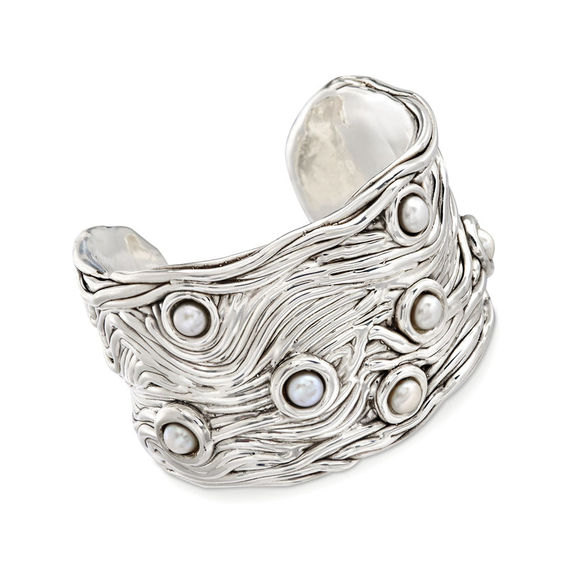 Sterling silver cuff bracelet with ribbed design and round button pearls