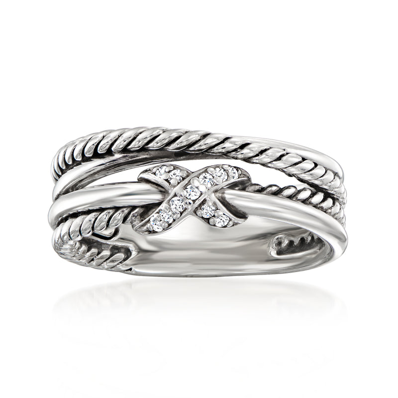 Sterling silver diamond X highway ring with braided band and X-shaped pave stones