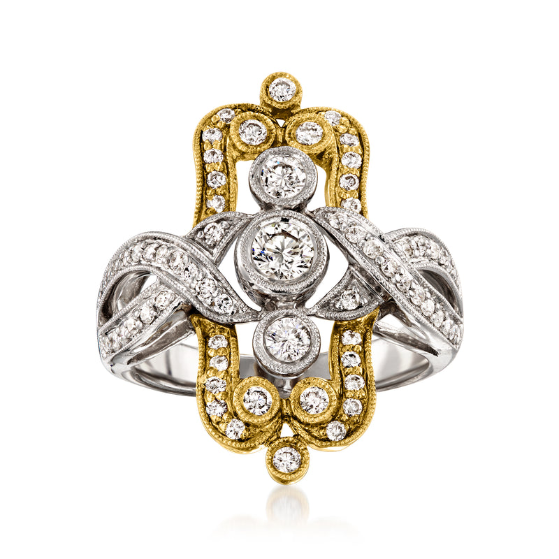 Vintage two-tone gold diamond ring with round center and pavé-set side stones