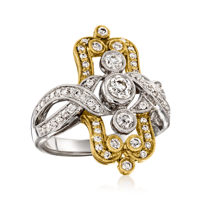 Vintage two-tone gold diamond ring with ornate openwork setting
