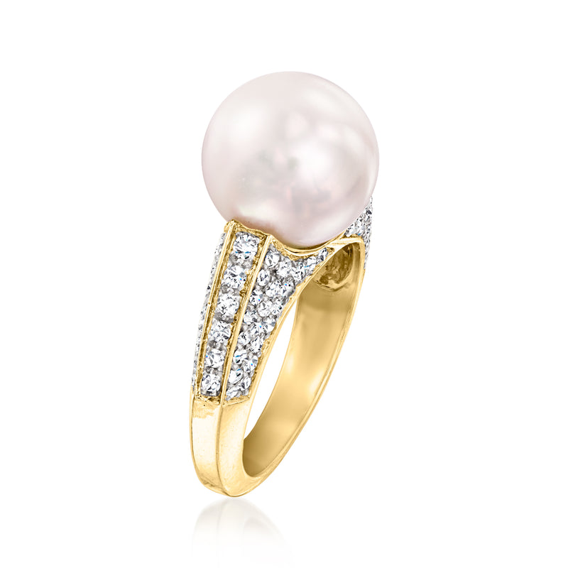 Cultured pearl and diamond ring, yellow gold with pave side stones