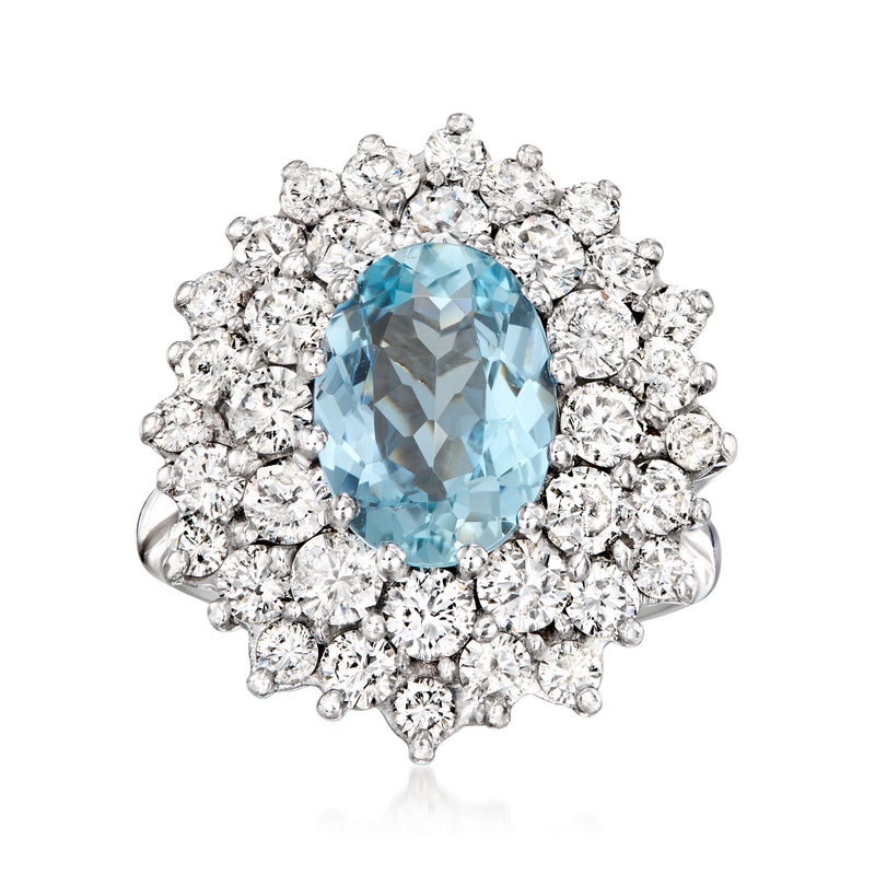 Vintage aquamarine gemstone ring with oval blue center and diamond halo, white gold