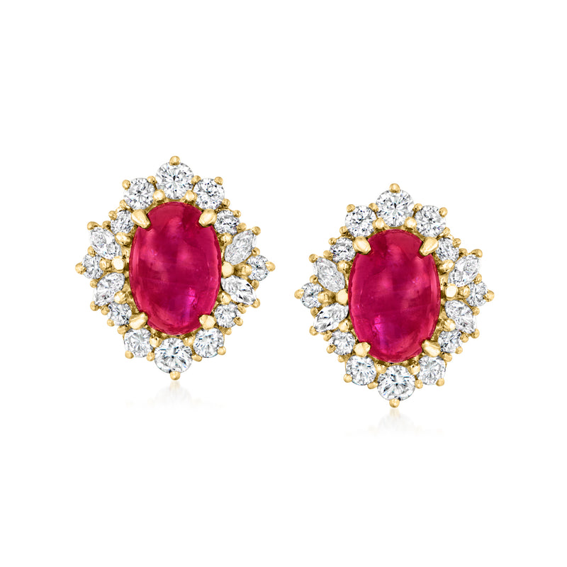 Oval ruby gemstone stud earrings with diamond halo and 18kt yellow gold post backs