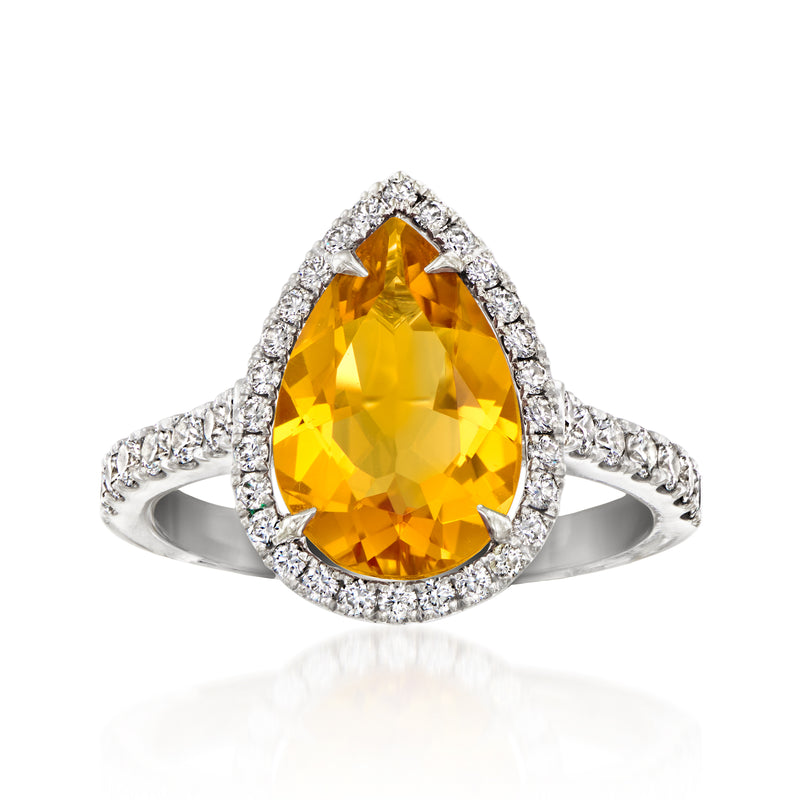 Pear-cut citrine halo diamond ring in 18kt white gold, teardrop center stone