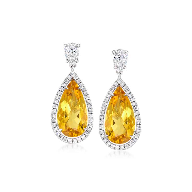 Citrine teardrop drop earrings with diamond halo, in white gold