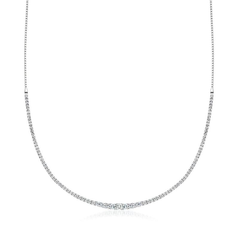 Graduated diamond tennis necklace in 14kt white gold, fine line of round stones