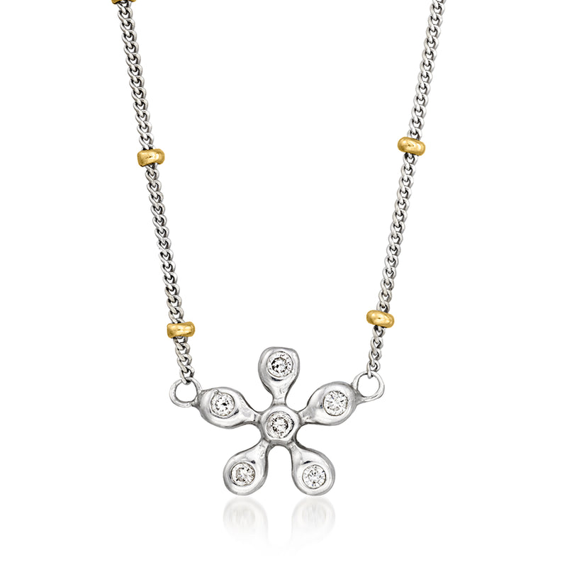 Two-tone gold and diamond flower necklace with round-stone pendant and chain