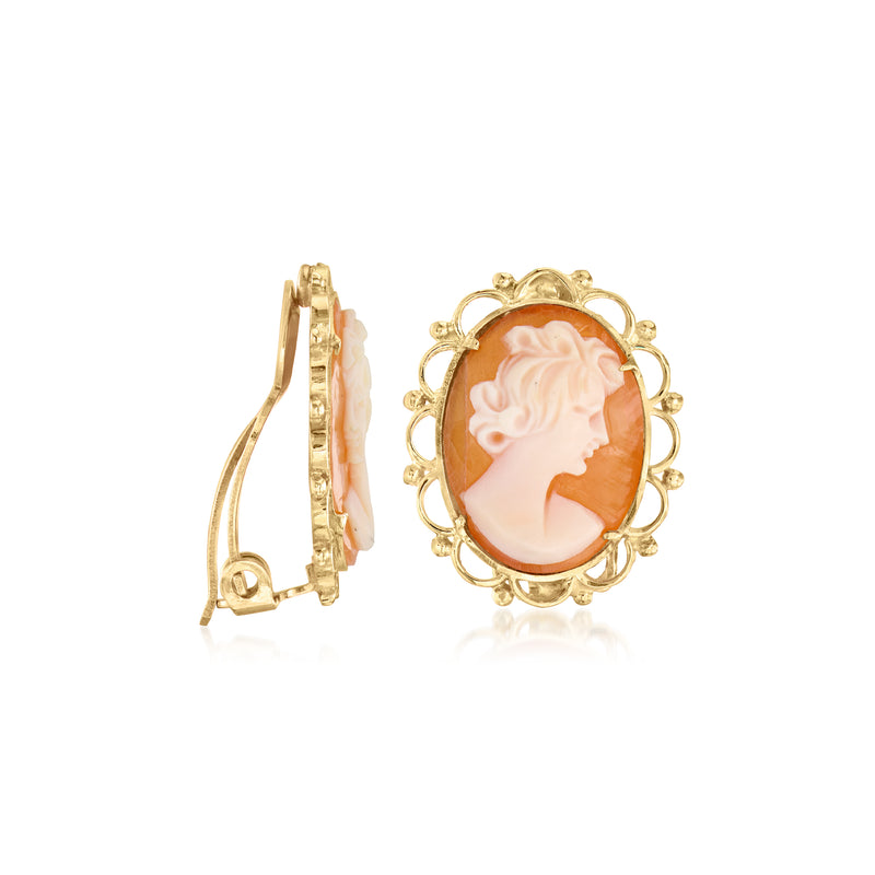 14kt yellow gold cameo shell earrings with oval frame, clip/post backs