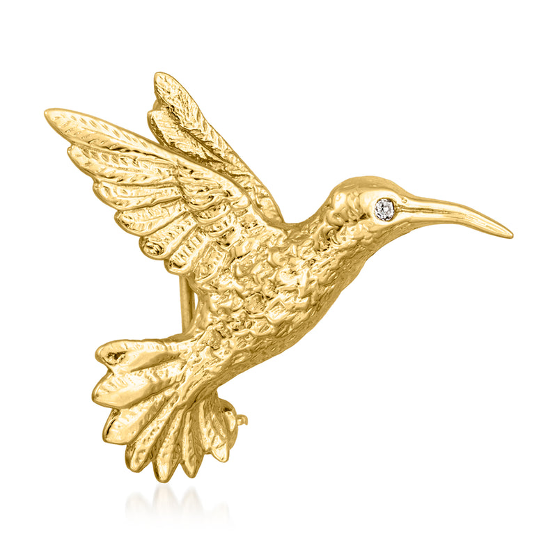 14kt yellow gold hummingbird pin with single diamond, bird detail