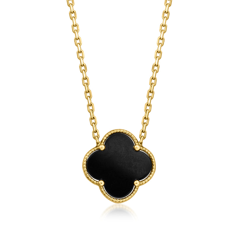 Vintage onyx clover necklace in 14kt yellow gold with four-leaf black stone