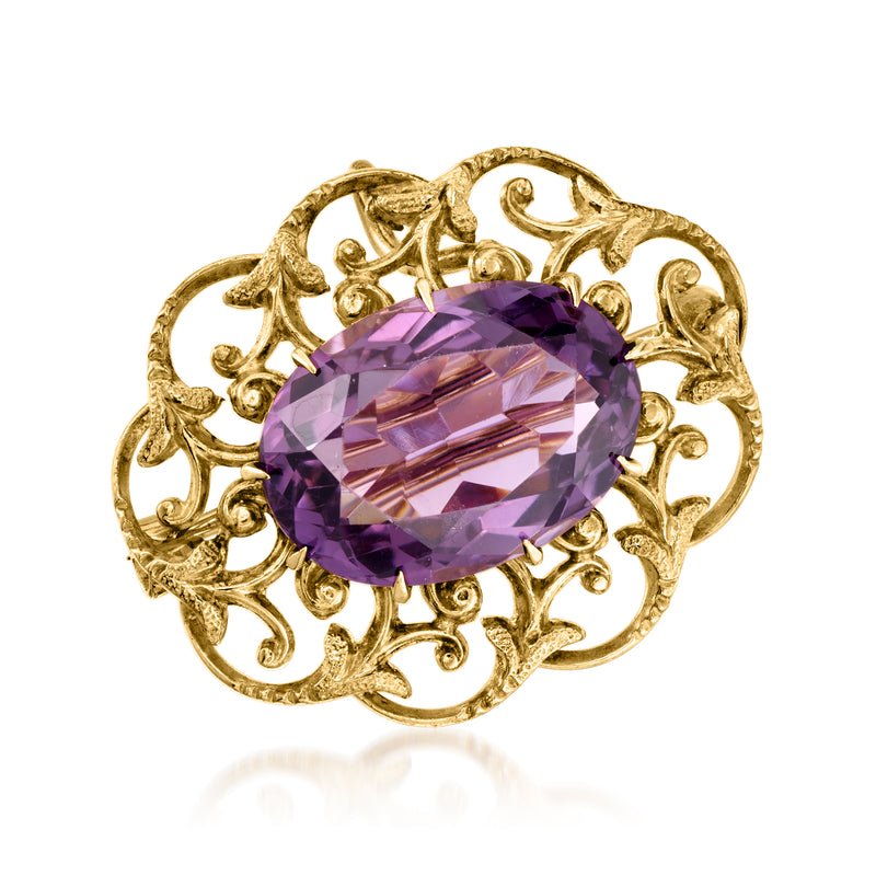 Vintage yellow gold filigree amethyst oval pin