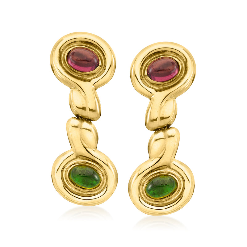 18kt yellow gold drop clip earrings with pink and green gemstones, sculpted links