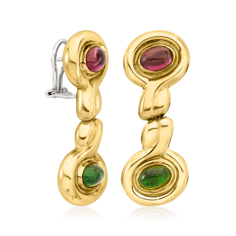 18kt yellow gold clip drop earrings with pink top stone and green bottom stone