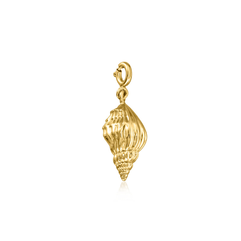 Gold conch shell charm with looped bail, polished ridges and textured tip