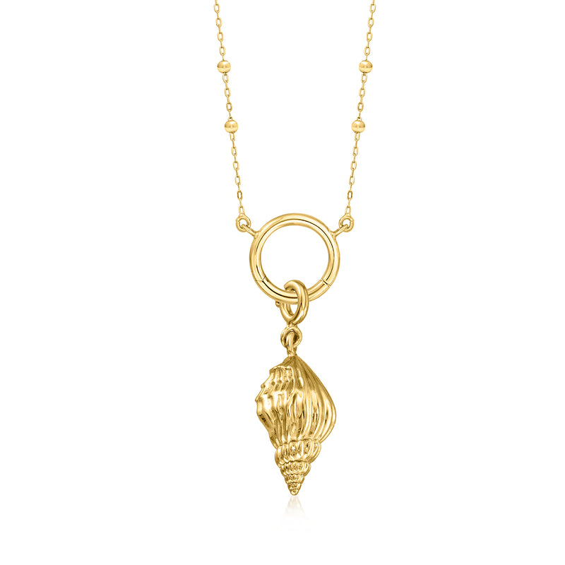 Gold conch shell charm hanging from circular clasp on fine chain