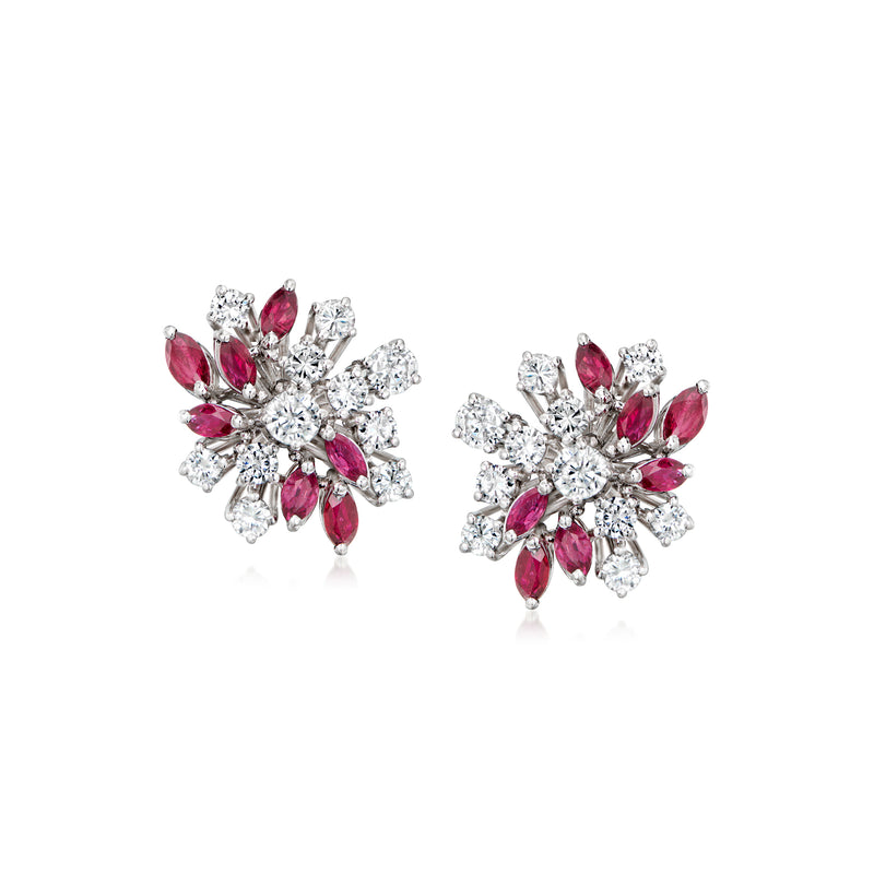 Diamond and ruby cluster stud earrings in white gold, post backs, pink marquise rubies