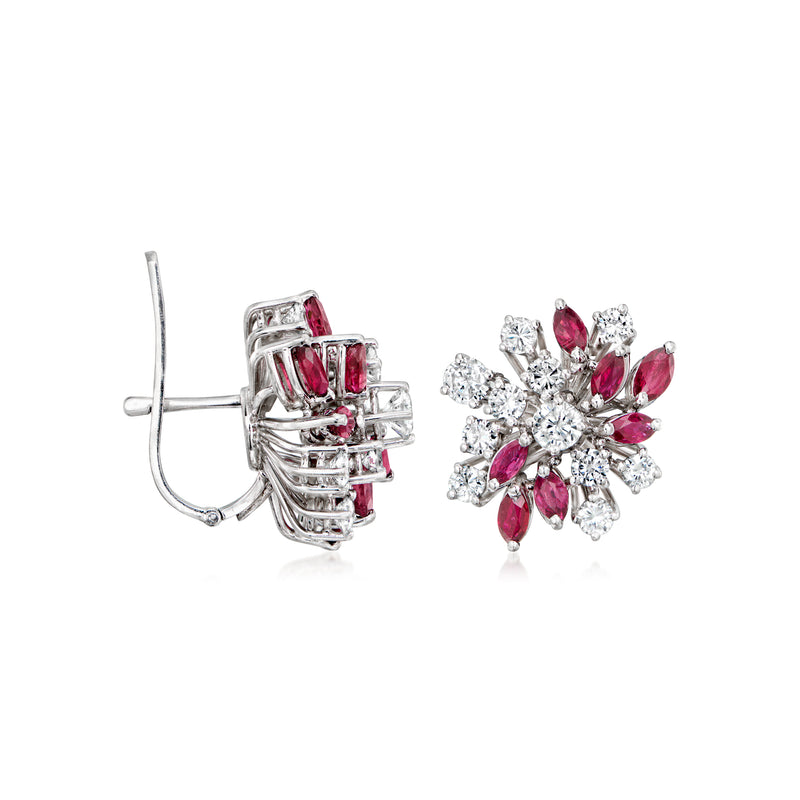 Diamond and ruby cluster stud earrings, white gold with visible post and gem halo detail