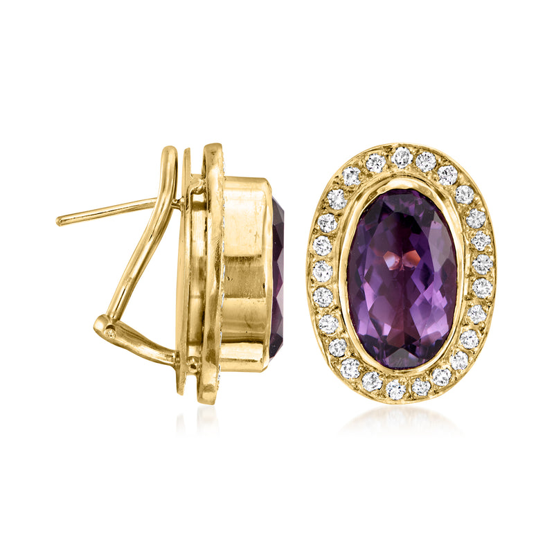 Oval amethyst diamond halo stud earrings with gold post backing in 14kt yellow gold.