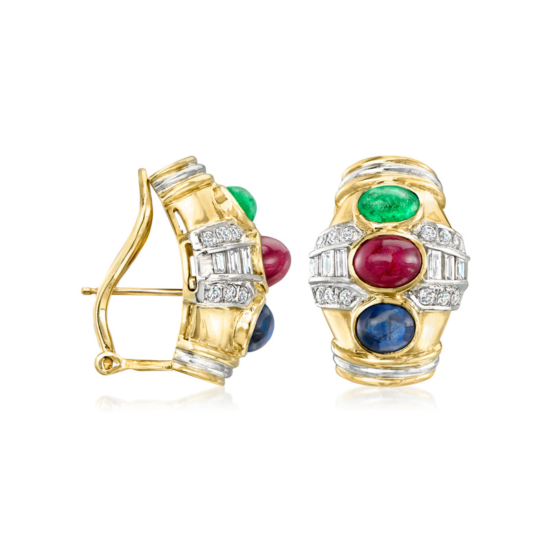 Two-tone gold clip earrings with green, red, and blue gemstones and diamond accents