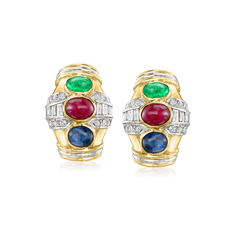Two-tone gold hoop earrings with green, red, and blue gemstones and diamond borders