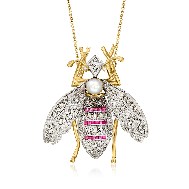 Gold bumblebee pendant necklace with white cultured pearl, diamond accents, ruby bands