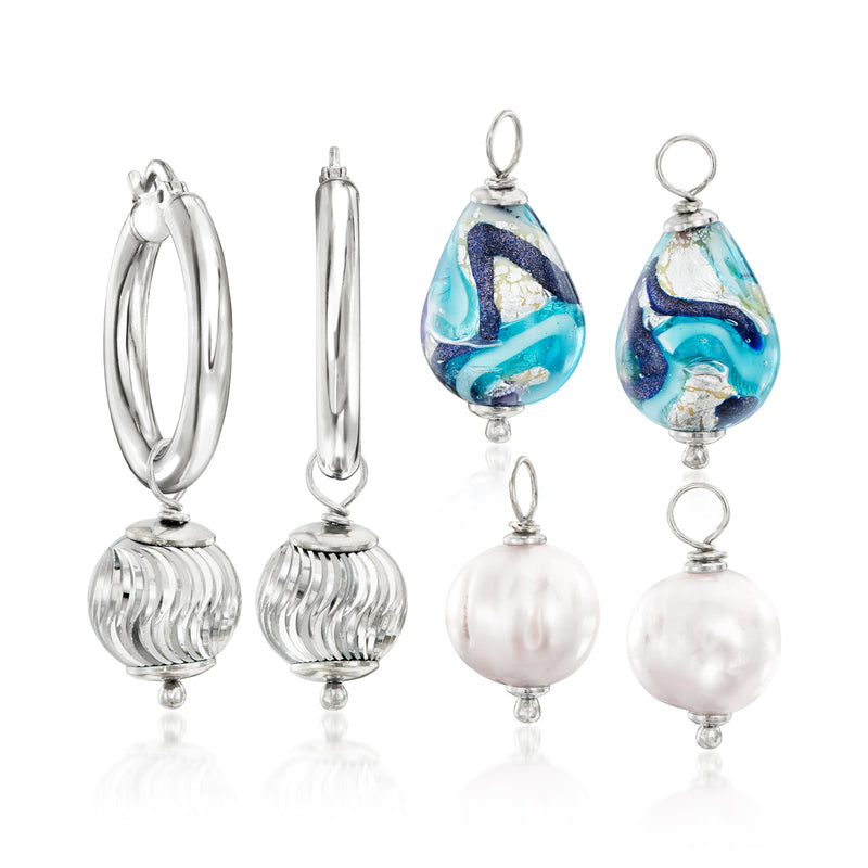 Sterling silver hoop earrings with blue teardrop and white pearl interchangeable drops