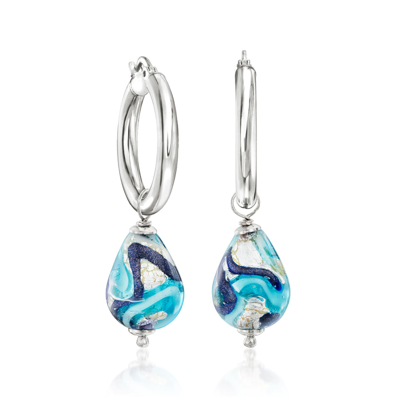 Sterling silver hoop earrings with blue teardrop glass-style interchangeable drops