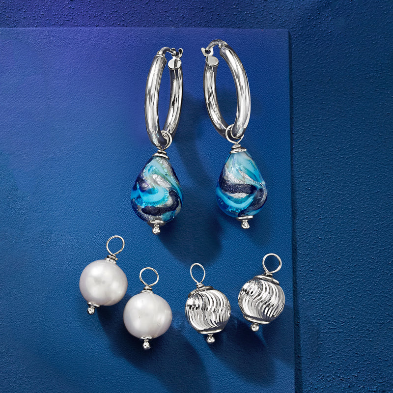Sterling silver hoop earrings with assorted interchangeable drops: blue, pearl, ribbed