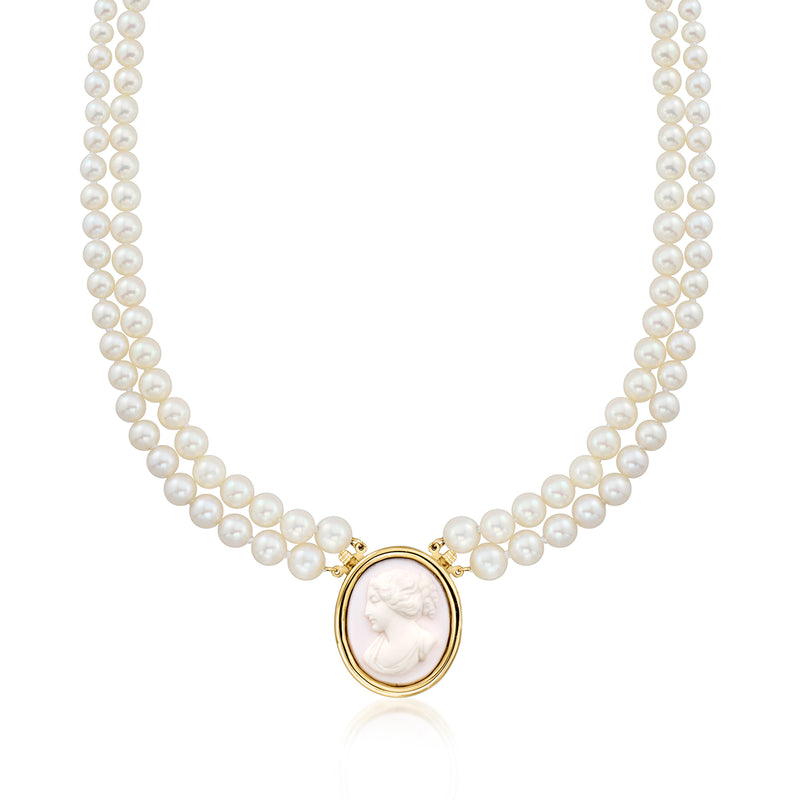 Two-strand pearl necklace with pink shell cameo pendant in 14kt yellow gold