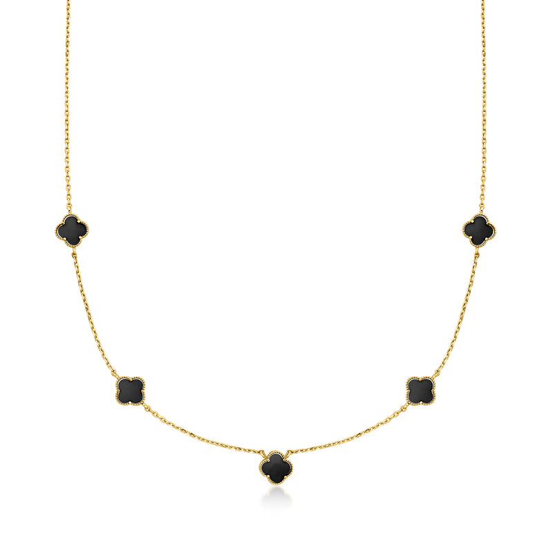 10kt yellow gold clover station necklace with five black stone beads