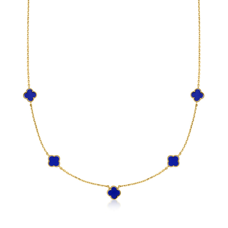 10kt yellow gold clover station necklace with blue lapis beads