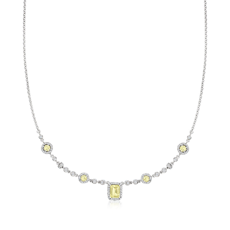 Vintage white-gold necklace with lime quartz center pendant and diamond accents