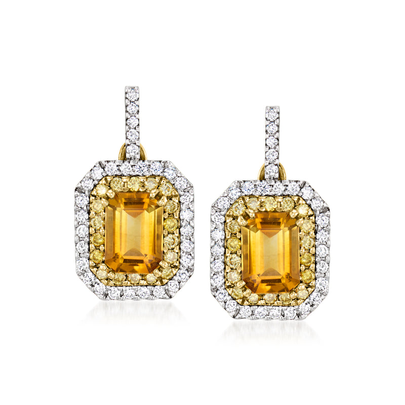 Square-cut golden citrine drop earrings with diamond halos and vertical diamond accents