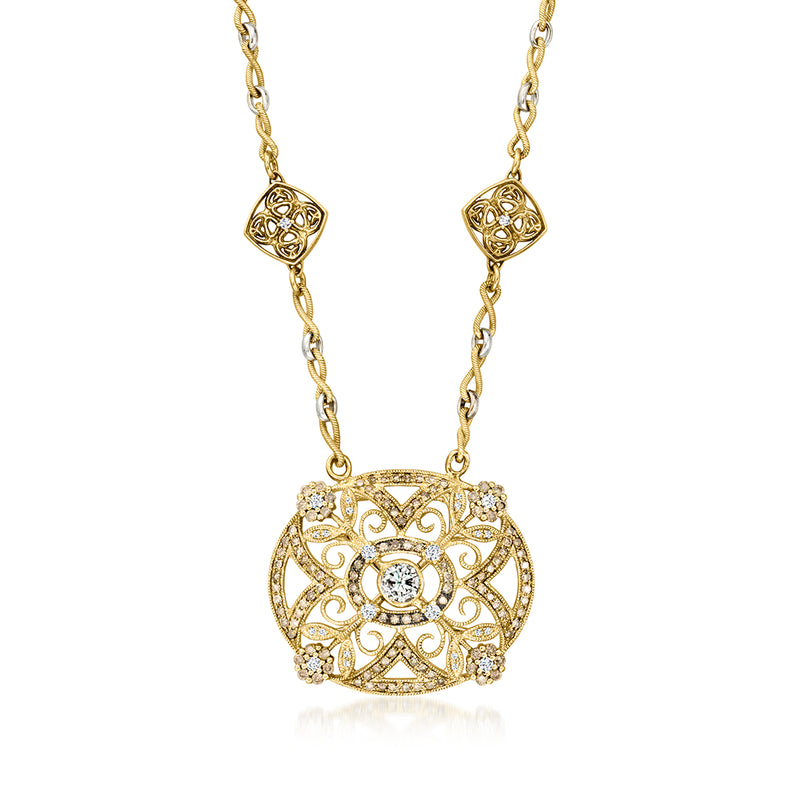 Two-tone 14kt gold diamond filigree pendant necklace with round center stone