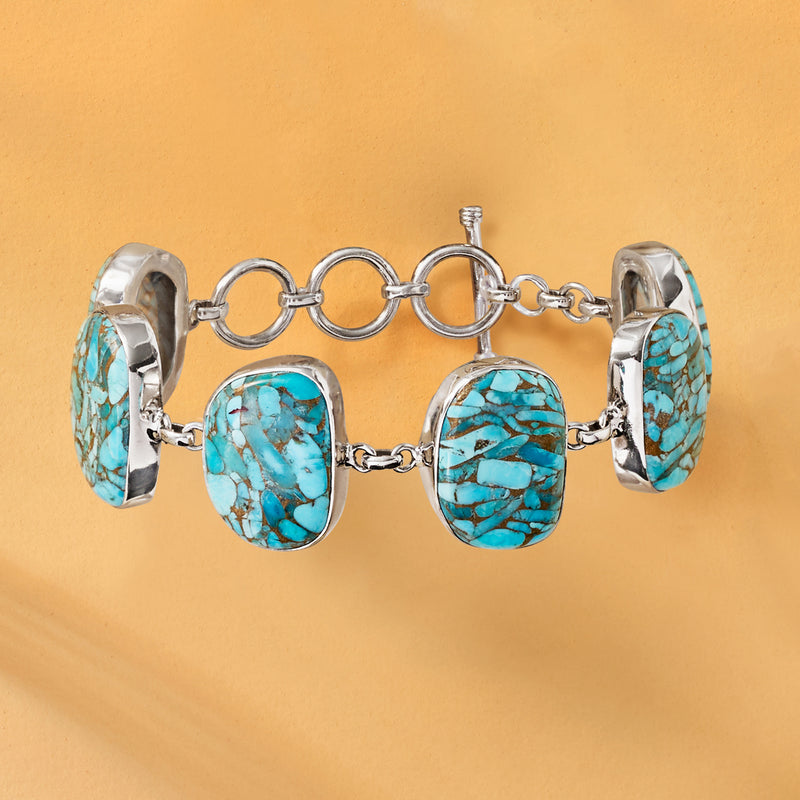 Turquoise gemstone link bracelet in polished sterling silver with toggle closure
