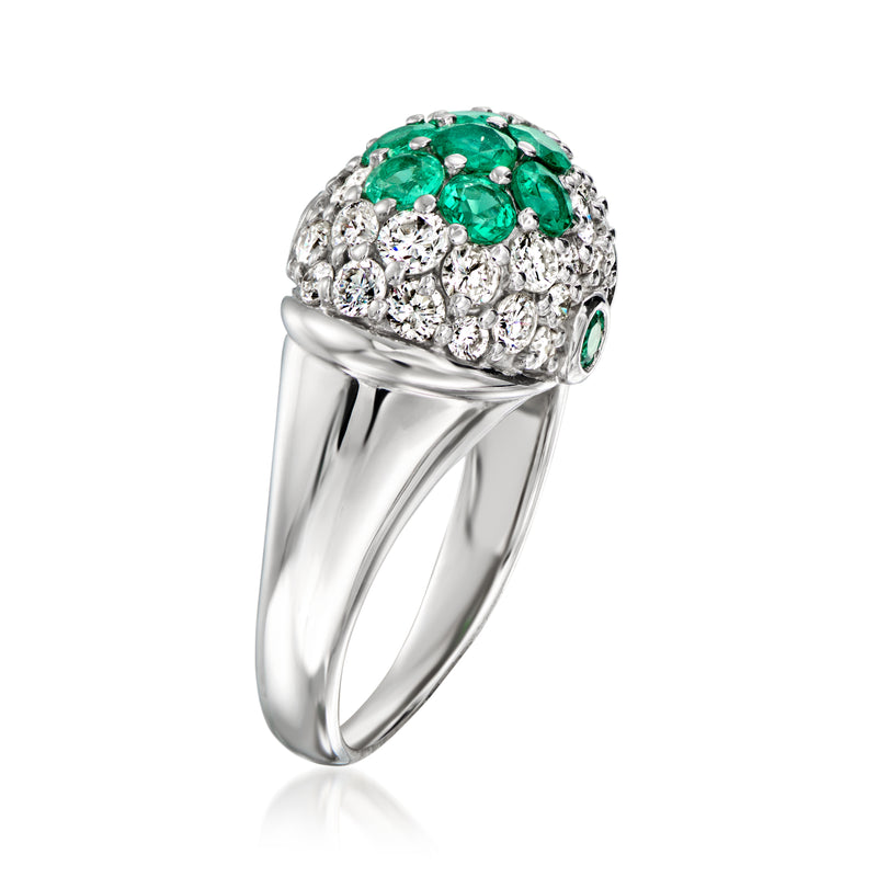 Platinum emerald-and-diamond cluster ring with green center, diamond halo, size 7