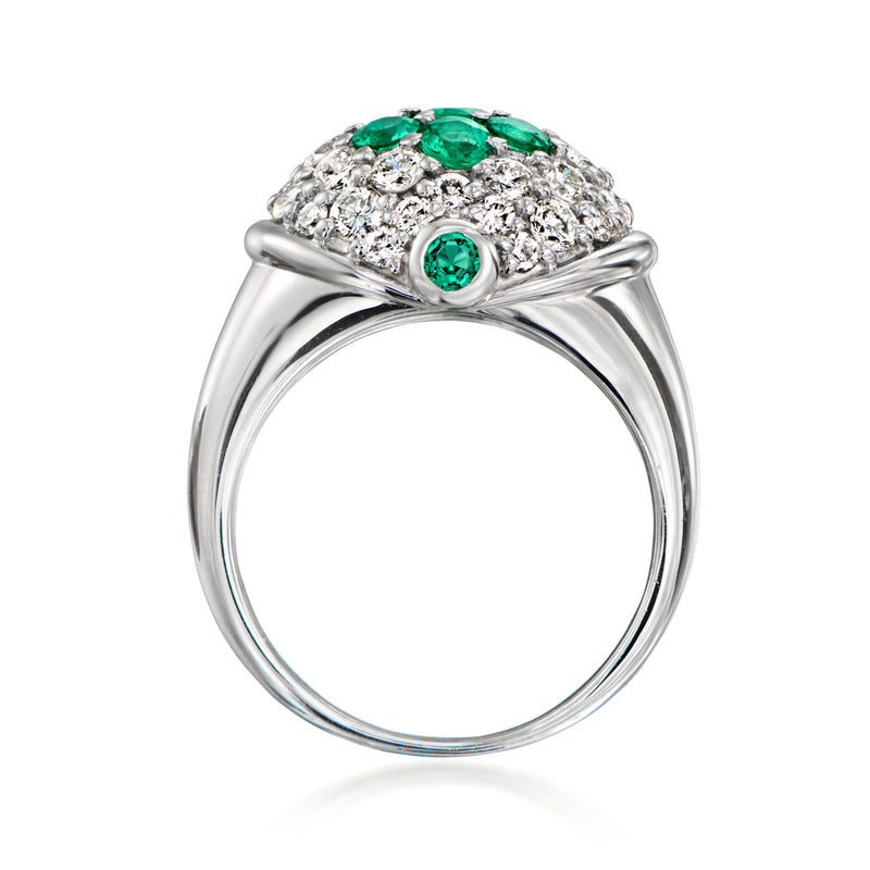 Platinum emerald and diamond cluster ring with domed top