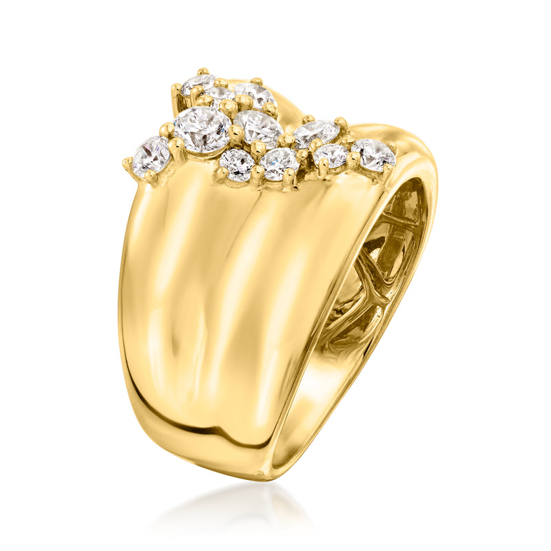 14kt yellow gold ring with round white diamonds clustered across the top